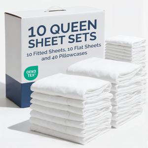 Bulk Case Pack of 10 Sheet Sets - Complete 6 Piece Sheet Sets - Bulk Queen Bedding - Wholesale Case Pack for Hotels, Spa & Airbnbs - Deep Pocket & Wrinkle Free - Cooling & Breathable - Queen, White