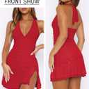 Women Sexy Halter Deep V Neck Ruched Bodycon Dress Summer Side Slit Mesh Hem Cocktail Club Party Short Mini Dresses (Red, M)