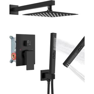 Shower Faucet Set Rainfall Shower System with Square Showerhead and Handle Set Fixture with 2 in 1 Function Handheld Sprayer Wall Mounted Trim Repair Kit Rough-in Valve 8 Inch Matte Black