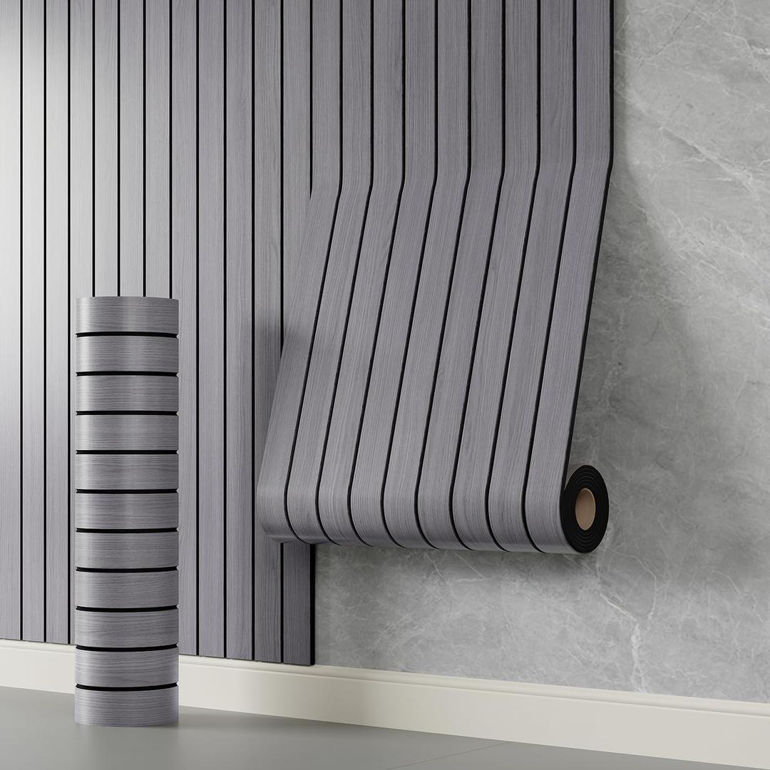 YLL YLL PVC Slat Wall Panel Peel and Stick 118"x 15.7" Faux Grey Wood Grain Slat Panel Self-Adhesive Wallpaper Soundproof 3D Wall Panels