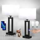 Lamps for Bedrooms - Set of 2 Modern Table Lamps with Touch Control, 3 Way Dimmable, USB C&A Charging, White&Black