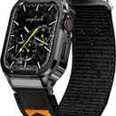 SUPLINK Stainless Steel Case&Nylon Band Compatible with Apple Watch Band 38mm 40mm 41mm 42mm 44mm 45mm 46mm 49mm,Rugged Metal Cover Adjustable Strap for iWatch Series 10 9 8 7 6 5 4 3 2 1 SE Ultra Men (Black)