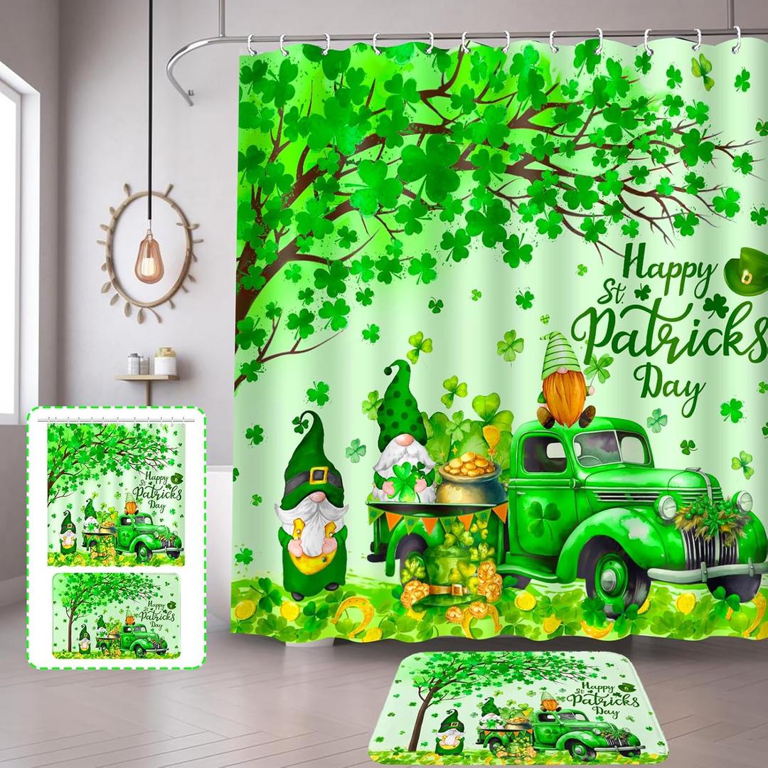 Lutto St Patricks Day Shower Curtain for Bathroom, St Patricks Day Shower Curtain Set with Rugs, Bathroom Set for St Patrick's Day Decorations, Gnomes Shower Curtain with Hooks for Bathroom Decor