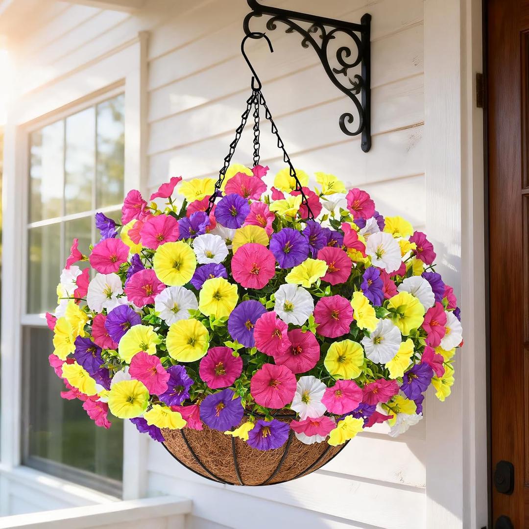 2 x Elyum Artificial Hanging Flowers for Outdoors, Fake Flowers Artificial Petunias Hanging Baskets for Outdoors, UV Resistant Fake Hanging Plants Flowers for Outside Garden Patio Porch Decor