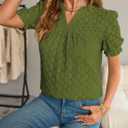 Tops For Women 2025 Boho Floral Short Puff Sleeve Shirts Summer Flowy V Neck Casual Lace Blouses (Green, XL)