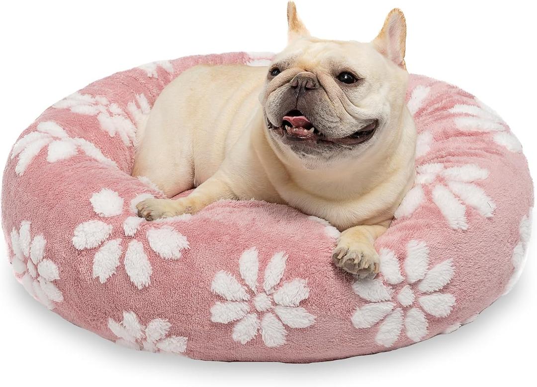 Donut Dog Beds for Small Dogs, Calming Round Cat Beds for Indoor Cats, Cute 3D Textured Flower Pet Bed with Removable Washable Cover and Anti-Slip BottomPink23" (23"x23"x7")