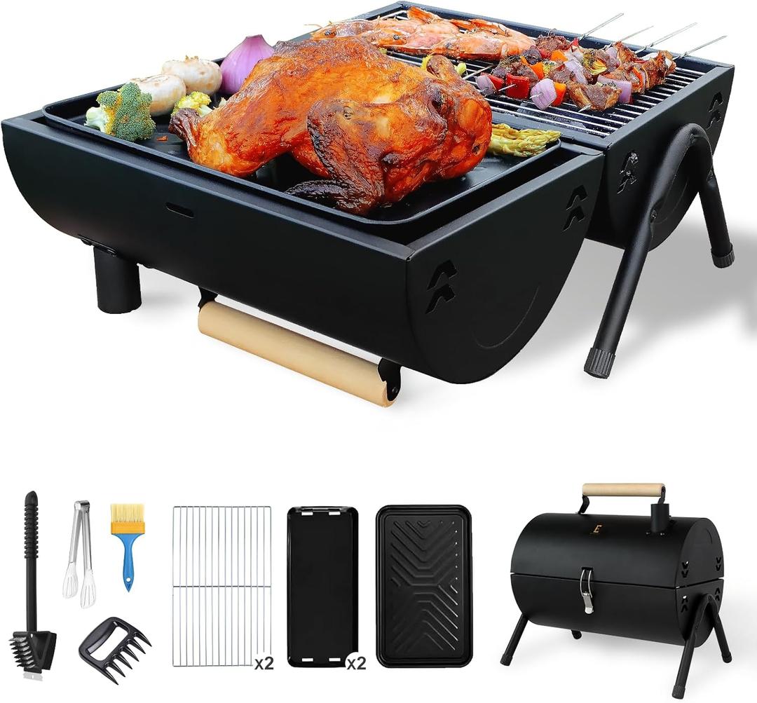 Portable Charcoal Grill Barbecue Grill Folding Set Double Sided +Barbecue Pan Net+6PCS Tools for Outdoor Camping BBQ Grilling Backyard Party Cooking Chimney Tabletop Grill & Grilling Black