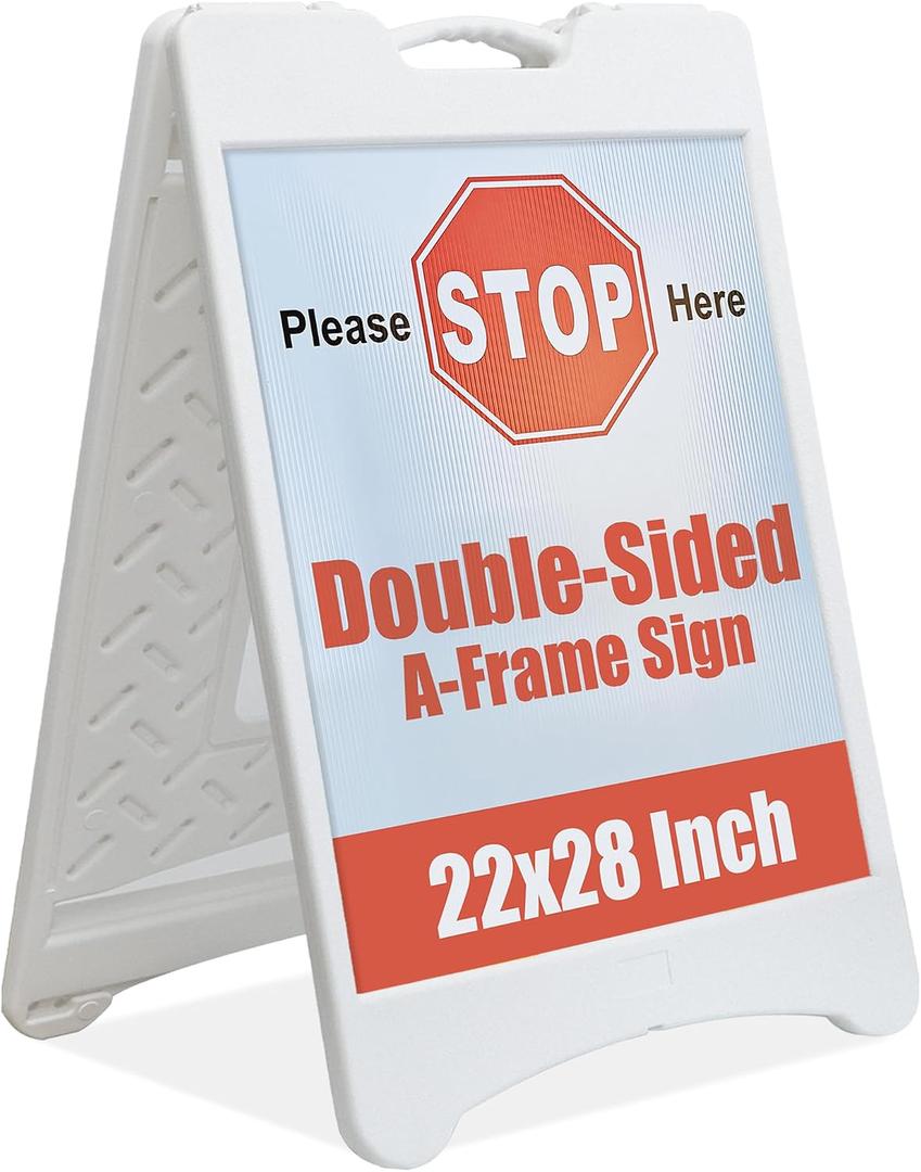 22x28 Inch A-Frame Sidewalk Sign, Heavy Duty Double-Sided Sandwich Board, Folding Outdoor Plastic Sign Holder with 2 Plastic Boards for Business & Storefront Use (White)
