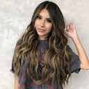 NOSTALGIA Brown Wigs for Women Brown with Blonde Highlight Lace Hairline Wig Middle Part Synthetic Heat Resistant Wig for Daily Party-26 Inch