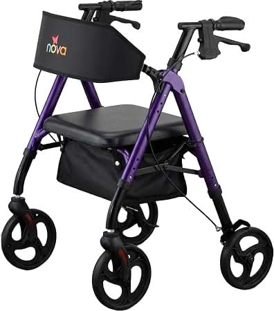 NOVA Star 8 Petite Foldable Rollator Walker - Lightweight 18 lb Aluminum Frame, 8” Wheels, Adjustable Height, Padded Seat & Backrest, for Petite Adults (4’10” - 5’4”), 300 lb Capacity, Purple