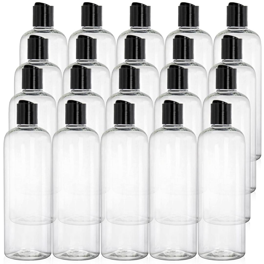 Peohud 20 Pack 16oz Clear Plastic Empty Bottles with Disc Top Flip Caps, Refillable Shampoo Bottles, Squeezable Travel Containers for Lotions, Cosmetics, Liquid Body Soap, Creams, BPA Free