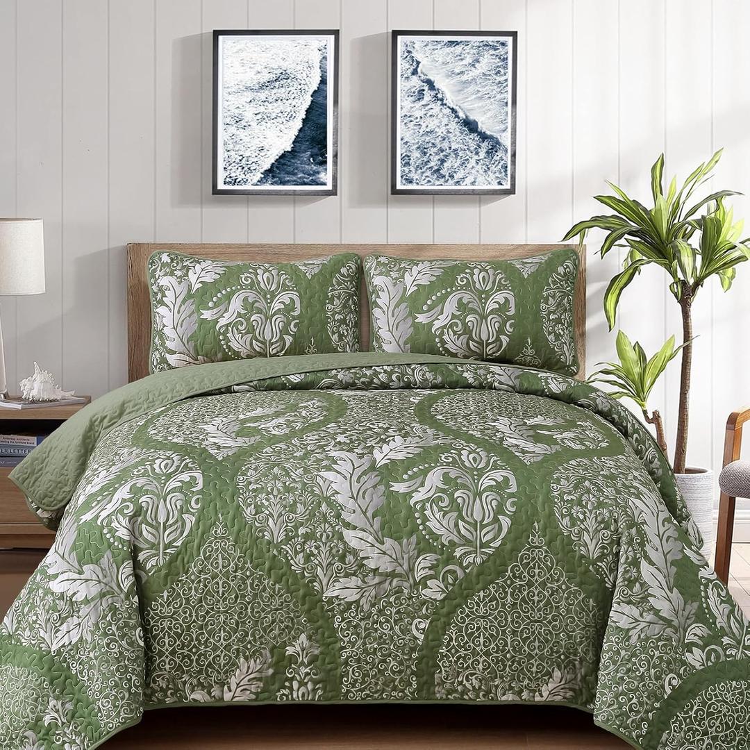 Green Quilt Set King, 3 Pieces Green and Silver Damask Printed Bedspread King Sizes Coverlet Set Soft Lightweight Microfiber Bedding Set for All Season (104"x90")