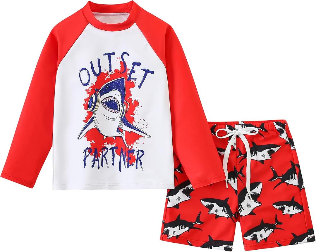 AIWUHE Toddler Swimsuit Set Boys Two Piece Shark Bathing Suit Swimwear Quick Dry Long Sleeve Rashguard and Swim Trunks 6-7yrs