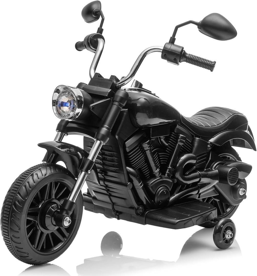 Kids Motorcycle, 12V Battery Powered Electric Motorcycle, 3-Wheel Ride On Motorcycle w/Training Wheels, Reverse, Headlight, Horn, Music, Ride On Toy for Kids Toddler Boys Girls Ages 3-5 Years (Black)