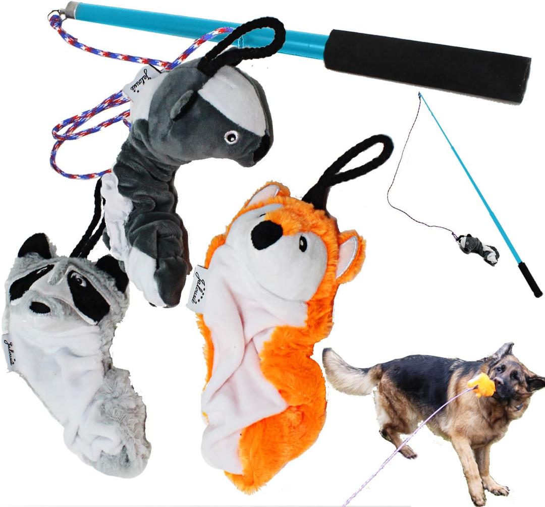 Jalousie Collapsible Dog Flirt Pole with Three Squeaky Toys Plush Toys Dog Teaser Wand Chase it Toy with Refills Upgraded Rope