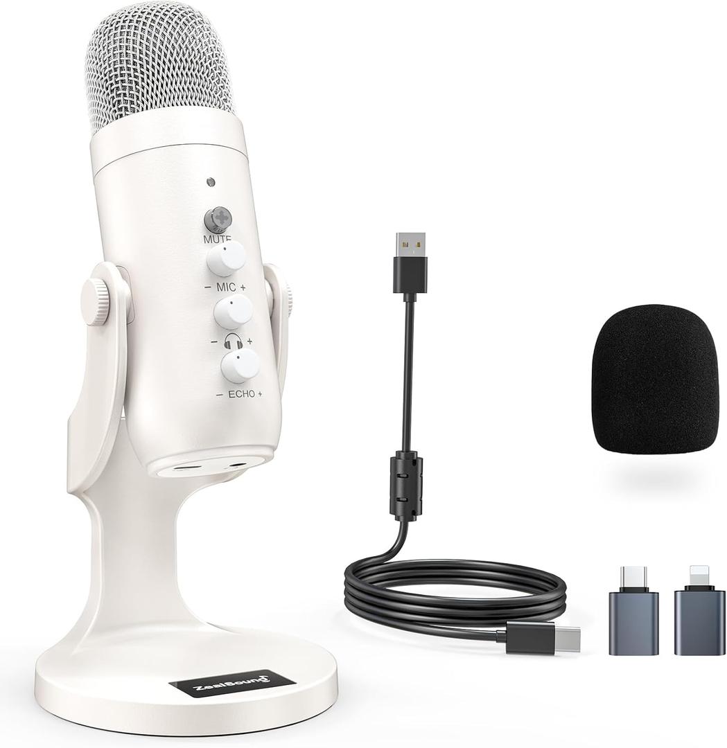 ZealSound Podcast Microphone, Noise Cancellation Mic with Gain, Volume Adjustment & Mute Button, Monitor & Echo, for ASMR, Vocal Recording, YouTube, TikTok, PC, iPhone, iPad, Android, Mac, K66, White