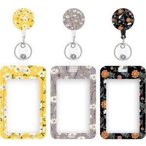 3 Set Heavy Duty Badge Holder with Retractable Reel,ID Badge Holder Key Card Work Badge Clip for Nurse Teacher Student Office Women Men (Flowers#02)