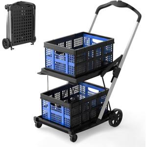 Collapsible Shopping Cart with Wheels,2 Tier Multi Use Foldable Shopping Cart with 2 Storage Crates,Folding Shopping Trolley Utility Cart for Office,Groceries, Warehouse,Supermarket,Picnic (Blue)