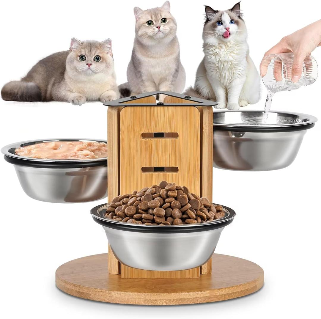 Elevated Cat Bowls with Stand,3 Adjustable Heights Raised Cat Dishes for Food and Water,Heavy Duty Base & 3-Side Design Pet Food & Water Bowls Set for Indoor Cats/Small Dogs
