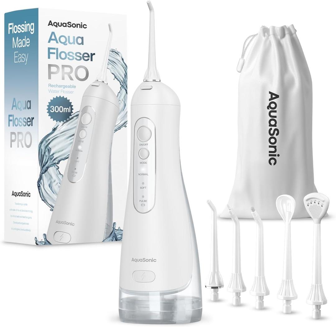 AquaSonic Aqua Flosser PRO - Rechargeable Cordless Water Flosser for Teeth, Gums & Tongue - Modern Design, 300ml Large Tank, 6 Jet Tips with Deluxe Tongue Nozzle, 3 Modes, Waterproof Optic White