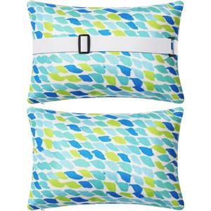 2 Pack Lounge Chaise Pillow with Strap 16 x 11 Inches Waterproof Outdoor Beach Chair Pillow Adjustable Elastic Band for Hammock Lumbar Recliner Pillows for Beach Office Chair(Blue Green Pattern)