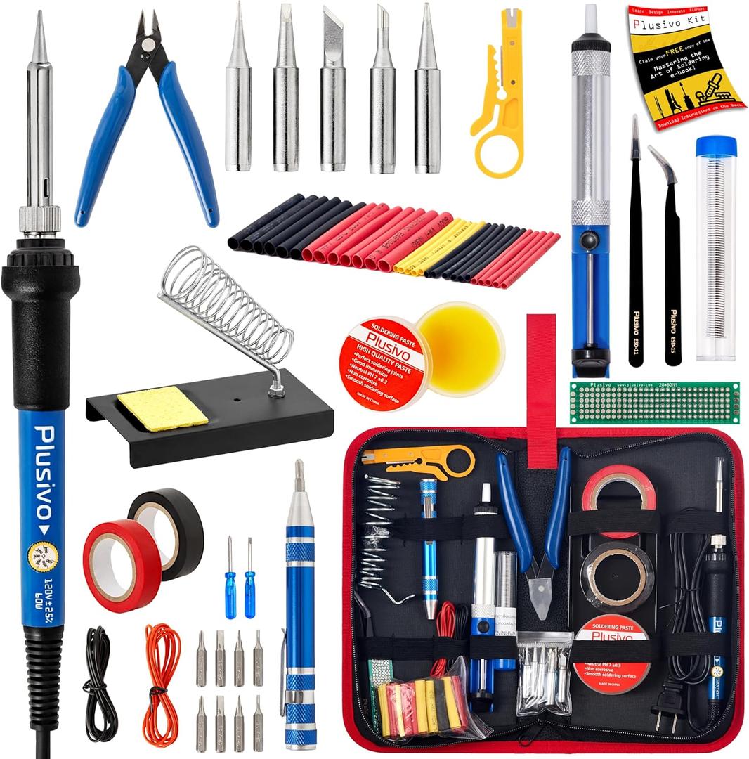 Soldering Iron Kit, 60W Soldering Iron Adjustable Temperature 25-in-1, 5 Solder Tips, Solder Wire, Desoldering Pump, Wire Cutter, Heatshrink Tubes Welding Kit for Electronics Repair Hobby 120V US Plug