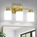 FonmYim Brushed Gold Bathroom Light Fixtures, 3-Light Modern Vanity Light Over Mirror, Wall Sconces with Milky White Frosted Glass Shades, E26 Socket (Bulbs Not Included)