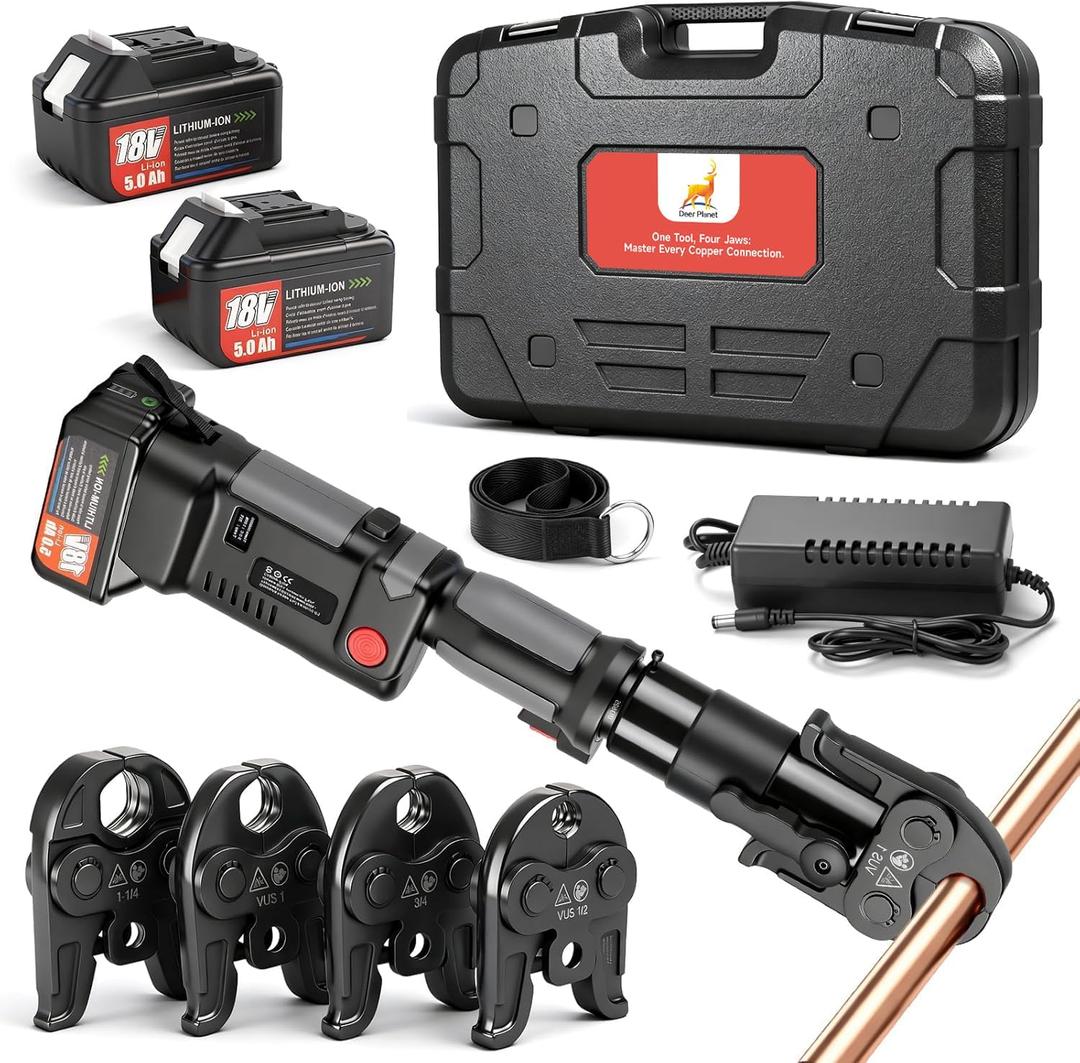 Pro Press Copper Crimper Tool with 4 Jaws 1/2", 3/4", 1", 1-1/4", Electric Crimping Tool 50KN 2pcs 18V 5AH Battery Fast Charger Carrying Cas Pro Press Tool for Copper Pipe
