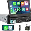 Single Din Flip Out Screen Car Stereo with Wireless Carplay and Android Auto, 7 inch 1 Din Touch Screen Radio Support Bluetooth/SWC/USB/FM + Backup Camera + Mic + Remote Control