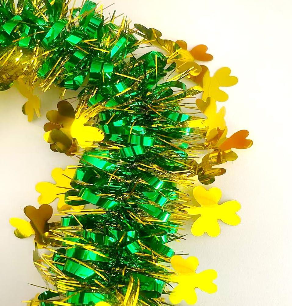 33Ft St Patrick's Day Tinsel Twist Garland Decorations Shiny Thick Shamrock Metallic Hanging Wreath for St Patricks Day Parade Floats and Other Holidays Party Hanging Decor Supplies