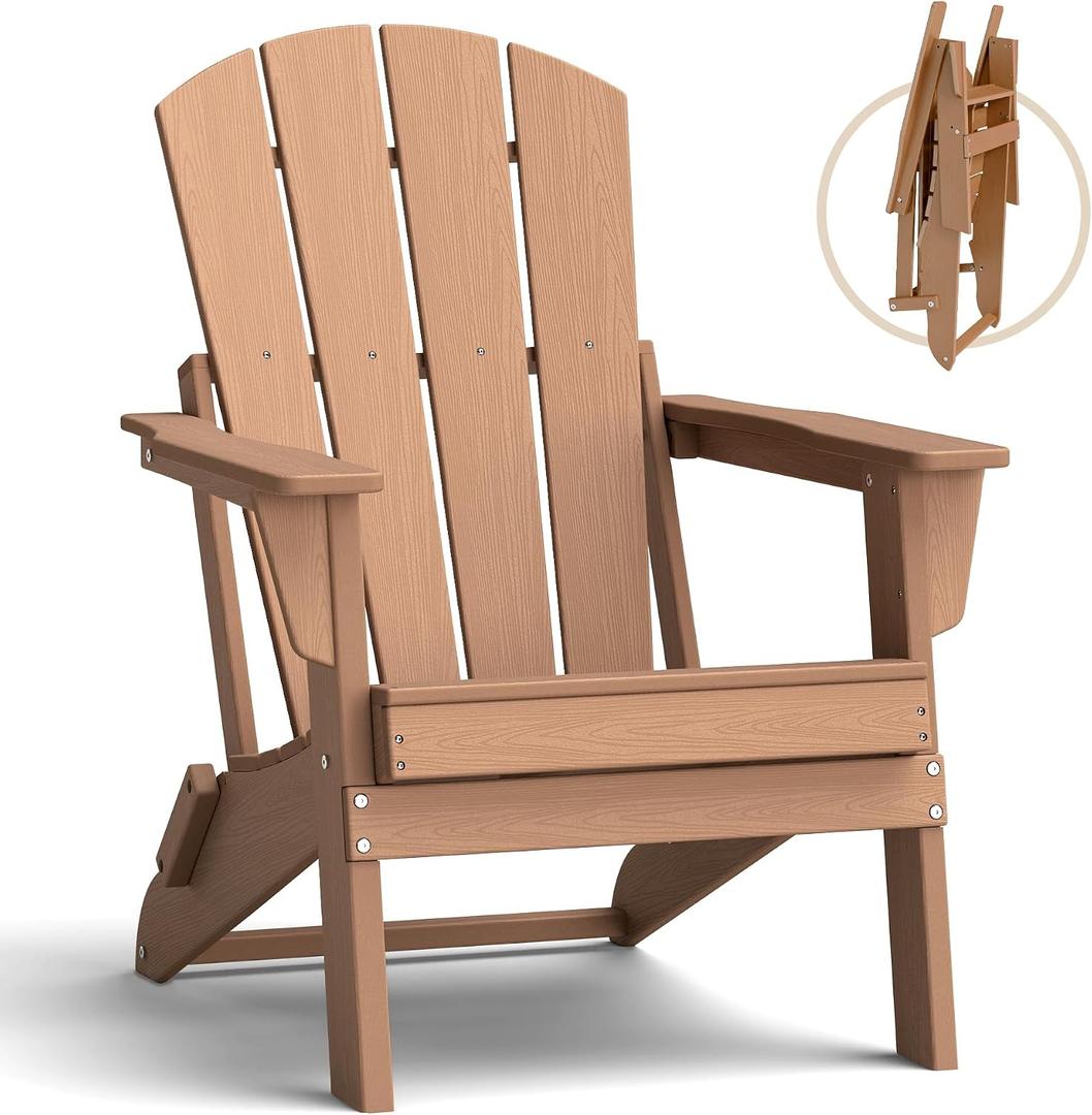 Folding Adirondack Chair, Lightweight & Portable HDPE Patio Chair, All-Weather Space-Saving Foldable Fire Pit Seating for Camping, Backyard, Deck-Cedar, 1PC