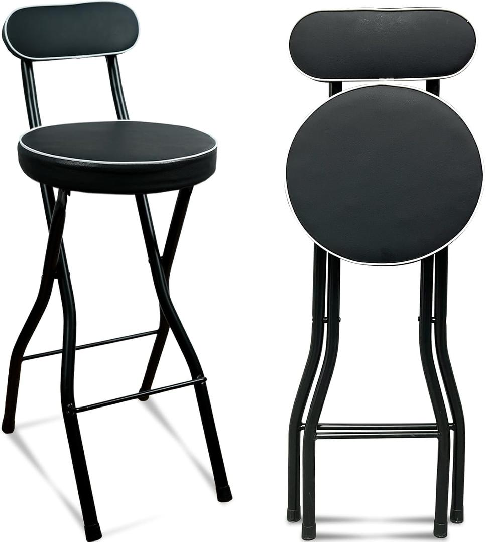UWEAR Folding Bar Stool with Back,1 PCS Tall Foldable Stool Leather Padded Portable Stools Counter Height Foldable Stools Chairs Collapsible Stool for Adults Kitchen Island (Black)