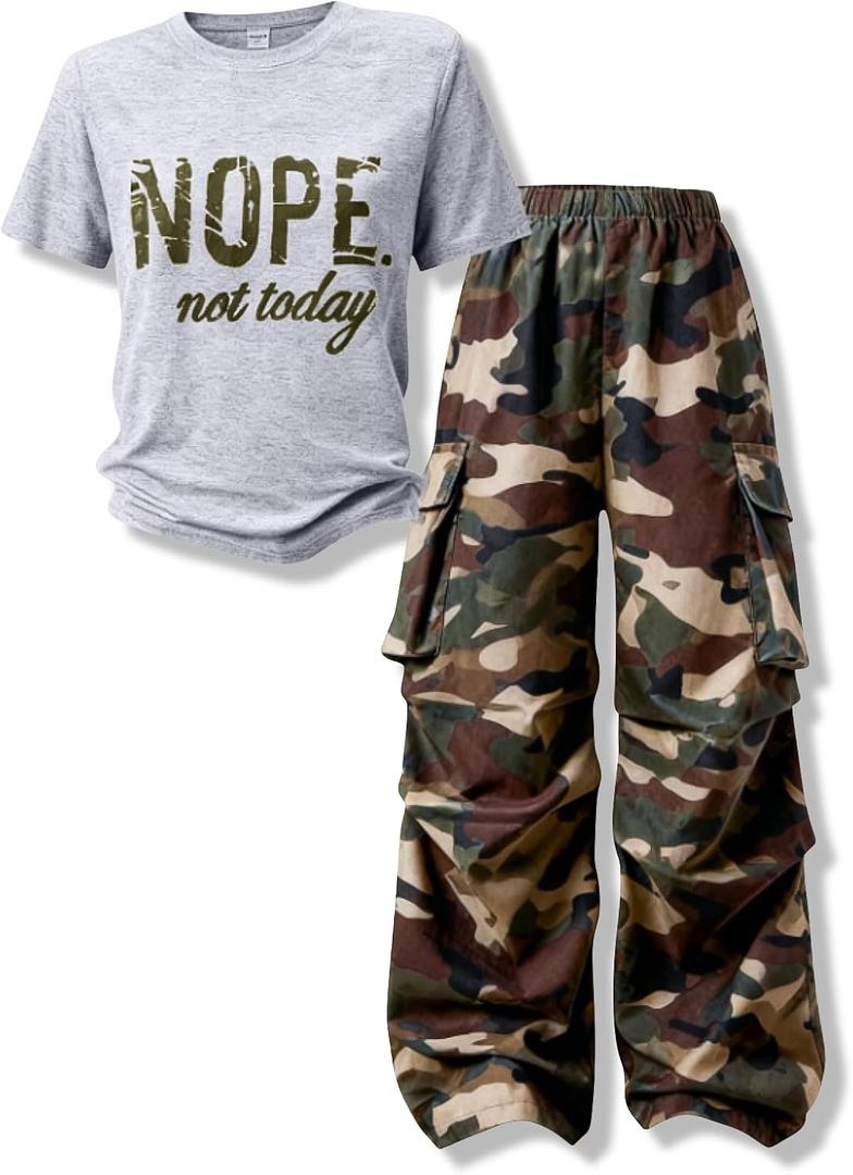 Girls Clothes Little Girl Outfits Letter Print Short Sleeve Tops & Cargo Pants 2PCS Girls Clothing 15-16 Years