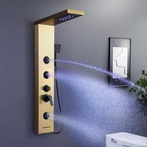 ROVATE Shower Panel Tower System Brushed Gold with LED Rainfall Waterfall Shower, Shower Tower with Jets and Rainfall and Handheld, 5 in 1 Stainless Steel Shower Column High Pressure with Tub Spout