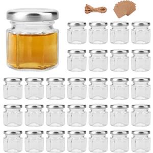 Encheng 1.5oz Clear Hexagon Jars,30 Pcs Mini Honey Jars with Silver Lids,Small Glass Jars with Tags and Jute Twine for Party Favor,Herbs,Jelly,Jams,Spices,Wedding Favor