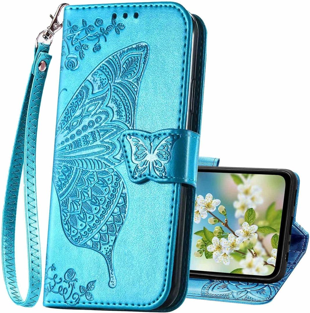 For Samsung Galaxy A36 5G Phone Case Wallet,Women Flip Cover with Credit Card Holders Butterfly Embossed PU Leather Stand Wrist Strap Purse Protective Case (Blue)
