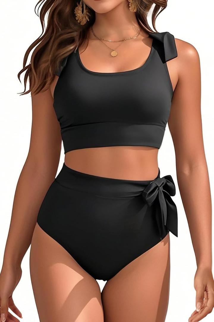 High Waisted Two Piece Bikini - Women Tummy Control Swimsuits Bathing Suit Modest Swimwear 2025 (Large, Black)