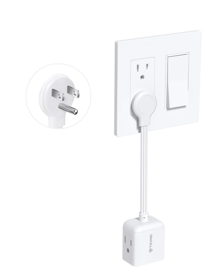 TROND Flat Outlet Extender with 6 Inch Cord - ETL Listed Flat Plug Extension Outlet Splitter Adapter, Electrical 3 Way Multi Wall Plug Extender for Home Office Dorm Room Cruise Ship Travel, White (3 Prong with Short Cord, 1 Pack)