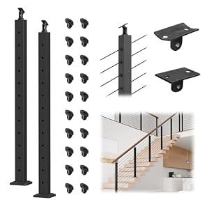 BLIKA 2Pack 42" Stair Cable Railing Posts(Post 41"x2"x2"), Stainless Steel Adjustable Line Post, Metal Stair Railing Posts, Top Mount Matte Black Cable Handrail Posts for Cable Railing Kits, BL01-SP