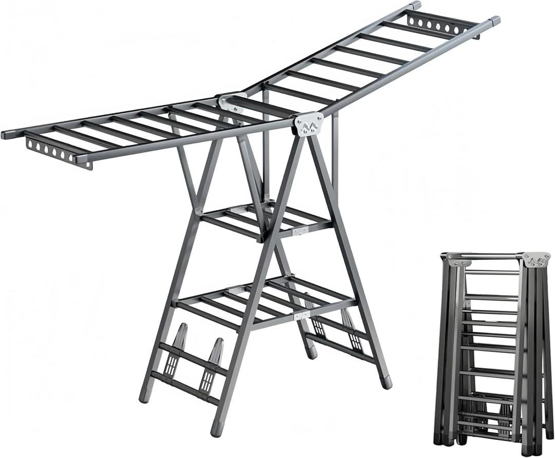 71" Foldable Clothes Drying Rack, Heavy Duty Laundry Drying Rack with Wheels, 3-Level Large Standing Clothes Rack, No Assembly Required Rust-Proof Carbon Steel for Indoor/Outdoor