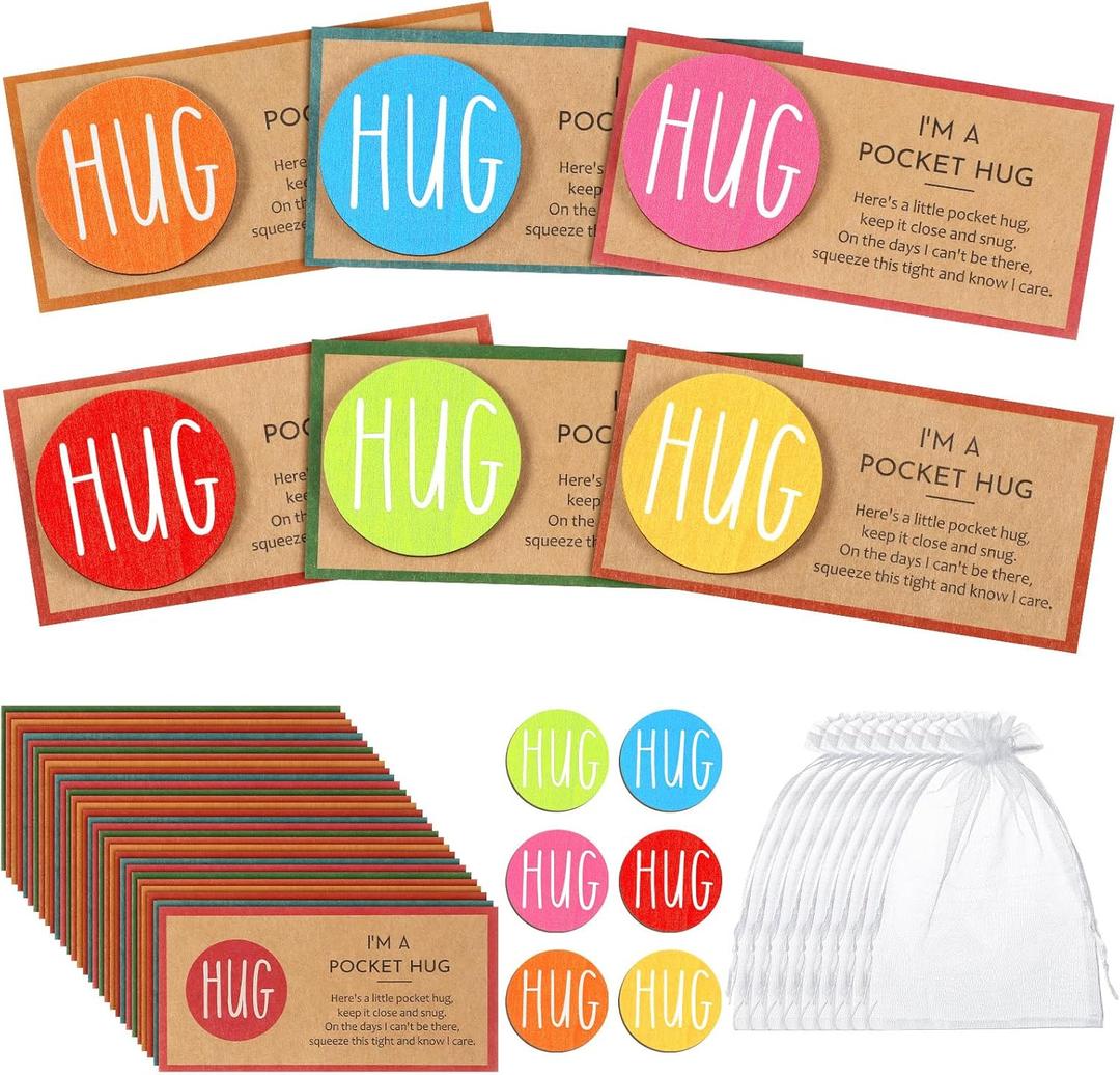 60 Sets Valentines Day Gifts Bulk Wooden Pocket Hug Inspirational Cards and Bags Love Gifts for Family and Friends Valentines Present Exchange Party Favors