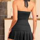 Women One Piece Swim Dress - Tummy Control Swimsuit with Skirt Halter Bathing Suit (Black, XL)