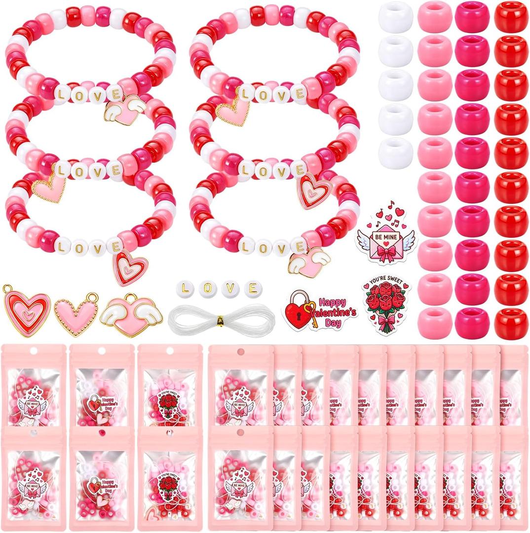 Batiyeer 18 Set Valentines Day DIY Bead Bracelets Gifts for Kids, Heart Charms for Jewelry Making, Class Valentines Gifts Exchange, Party Favors, Goody Bag Filler for Boys Girls(Pink)