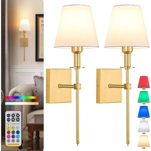 Wall Lights Battery Operated Wall Sconces Set Of 2,Gold Rechargeable Wall Light With Wireless Remote Dimmable,12 Colors Modes Cordless Battery Sconce Indoor Wall lamp for Bedroom Living Room Hallway (21 inch)