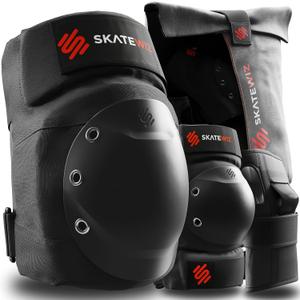SKATEWIZ Knee and Elbow Pads Adult - Skating Protective Gear Adult Knee and Elbow Pads Set with Wrist Pads - SHIELD - Size M/L Black - Roller Skate Protective Gear for Women & Men