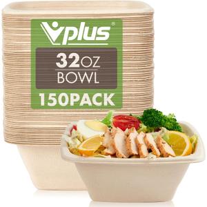 Vplus 150 Pack 32 OZ Paper Bowls Bulk, Square Disposable and Compostable, Eco-friendly Bagasse, Heavy-duty Bowls Perfect for Milk Cereals, Snacks, Salads (32 OZ Nature)
