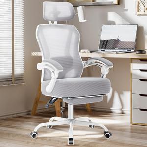 Ergonomic Office Chair with Footrest, Ultra Thick Reclining Office Desk Chair with Adjustable 2D Lumbar Support and Headrest, Spring Cushion, High Back Premium Mesh Computer Chair Office Chairs, Grey
