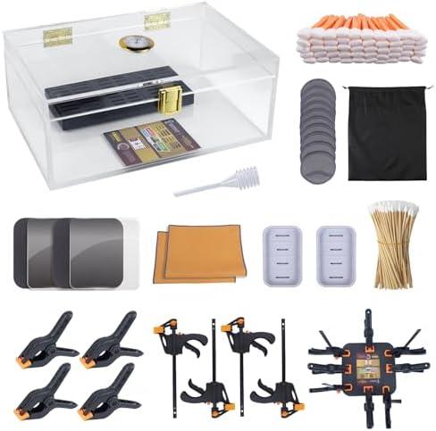 230pcs Card Humidor Repair Kit,Card Flattening Kit,Includes 1 Acrylic Humidor Box,2 Pads,4 Plastic Spring Clips,4 Vises,2 Cloths,200 Cotton Swabs,10 Cleaning Discs,2 Acrylic Discs,2 Boxes,1 Carry bag