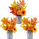 Winlyn 3 Pack Fall Faux Potted Plants Rustic Thanksgiving Floral Arrangements Artificial Fall Harvest Maple Leaf Picks in Metal Pots for Kitchen Home Autumn Wedding Table Centerpieces Mantel Decor
