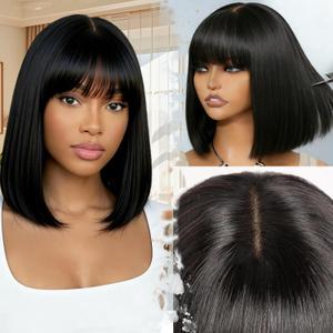 ZHENGON Bob Wig with Bangs Human Hair 200 Density Glueless Wigs Ready to Wear Beginner Friendly 3x1 HD Lace Short Wigs for Women Natural Black 12 Inch
